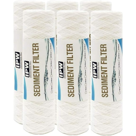 IPW Industries Inc. 30 Micron String Wound Water Filter for Universal Whole House Replacement Cartridge Sediment Filters for Well Water 10" x 2.5" - 6 Pack