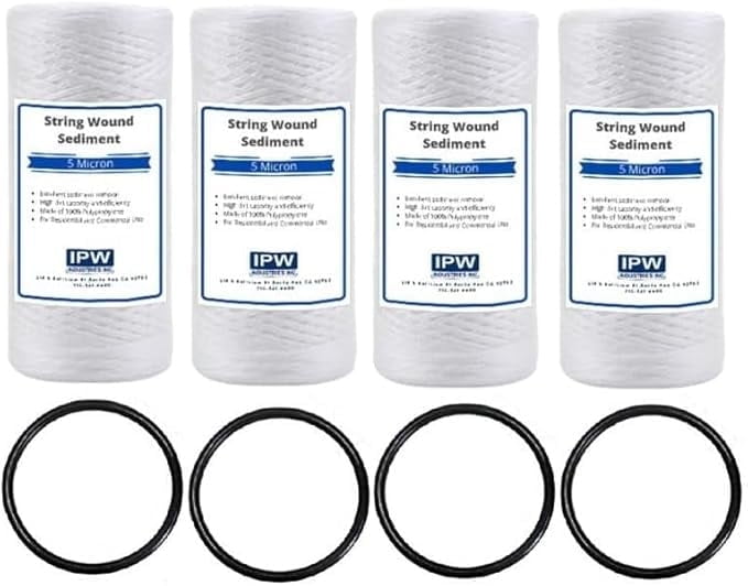 IPW Industries Inc. (PC40-P) 10" x 4.5" Whole House Heavy Duty String Wound Sediment Pre-Filter 5 Micron with O-Rings (4 Pack)