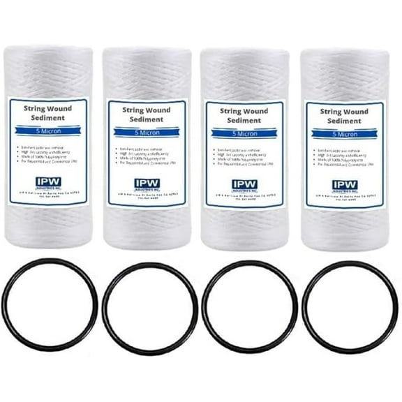 IPW Industries Inc. (PC40-P) 10" x 4.5" Whole House Heavy Duty String Wound Sediment Pre-Filter 5 Micron with O-Rings (4 Pack)