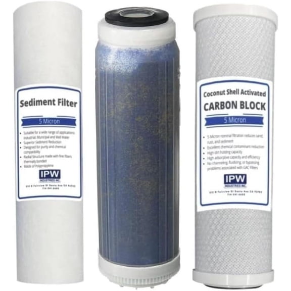IPW Industries Inc. Reverse Osmosis Deionization (RODI) 10" Replacement Filter Kit (Sediment Cartridge, Carbon Cartridge, Color Indicating DI Cartridge Filled with MBD-30 Nuclear Grade Resin
