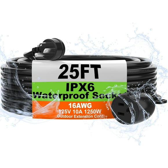 IPX6 25 FT Outdoor Extension Cord Waterproof, 16/3 Gauge Black Heavy Duty Extension Cords, 10A 1250W SJTW, Waterproof Socket, 3 Prong Flat Plug Extension Cord with Weather Resistance