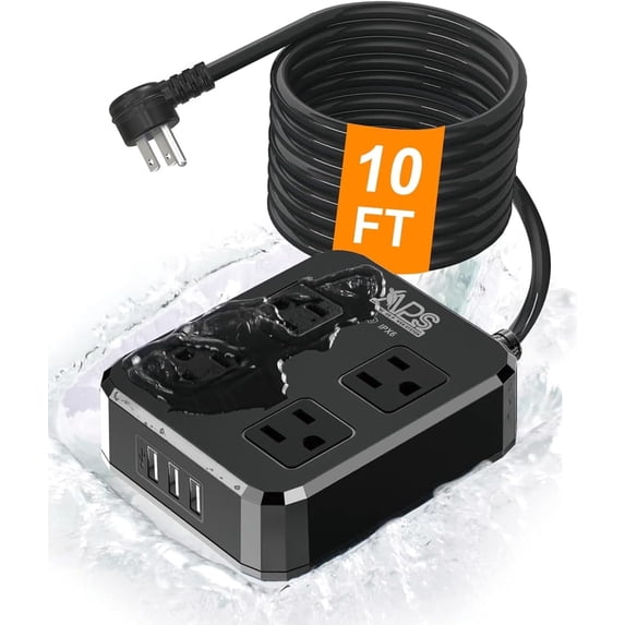 IPX6 Outdoor Power Strip Weatherproof, Waterproof Surge Protector with 4 Wide Outlet(10FT)+3USB Ports,Wall Mountable for Outside Decorations and More ETL Listed(Black)