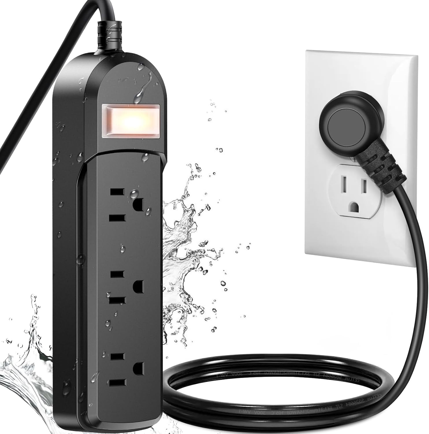 IPX6 Waterproof Outdoor Power Strip with 3 Wide Outlets, 3FT Short Extension Cord Surge Protector, Wall Mount for Garden Holiday Lights - UL Listed Black