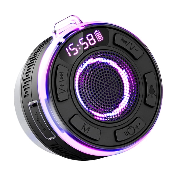 IPX6 Waterproof Shower Speaker with Bluetooth 5.1, RGB Light, Suction Cup & LED Display – Floatable, 10HR Battery, Stereo Mini Portable for Bath & Pool Black