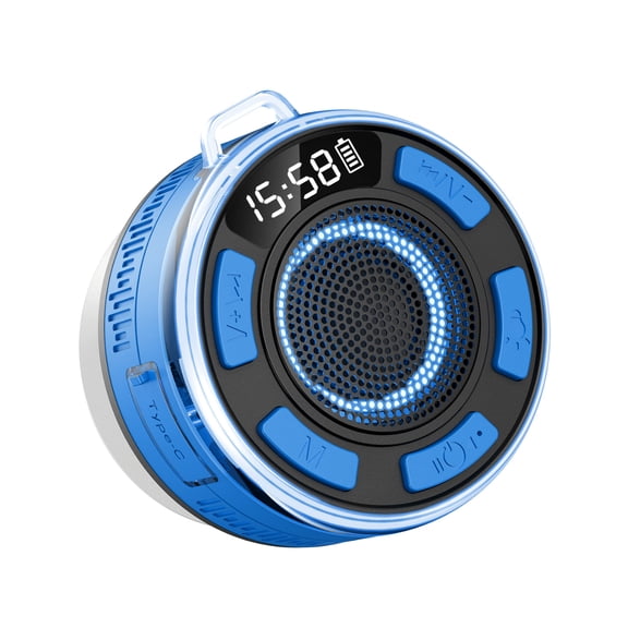 IPX6 Waterproof Shower Speaker with Bluetooth 5.1, RGB Light, Suction Cup & LED Display – Floatable, 10HR Battery, Stereo Mini Portable for Bath & Pool Blue