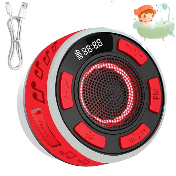 IPX6 Waterproof Shower Speaker with RGB Light & LED Display, Shower Speaker Bluetooth Waterproof Suction, Detachable Mini Bluetooth Showers Speakers with Clear Sound for Bathroom Singing (1PCS-Red)