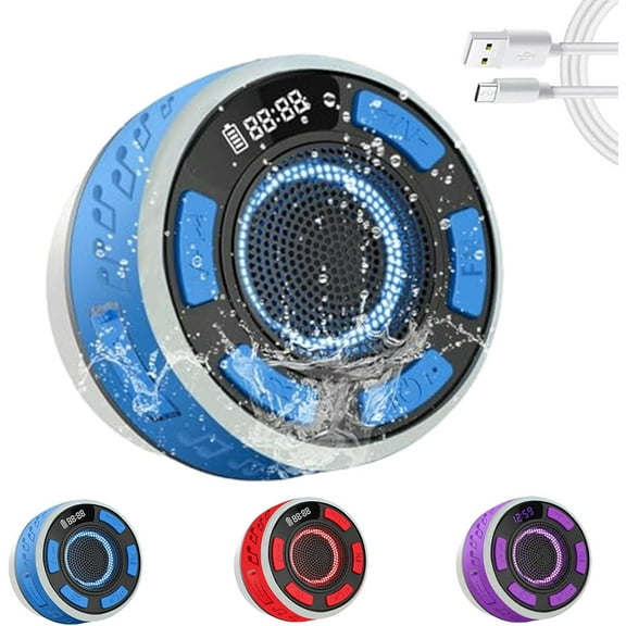 IPX6 Waterproof Shower Speaker with LED Clock Screen - Portable Bluetooth 5.3 Radio, RGB Lights, Suction Cup