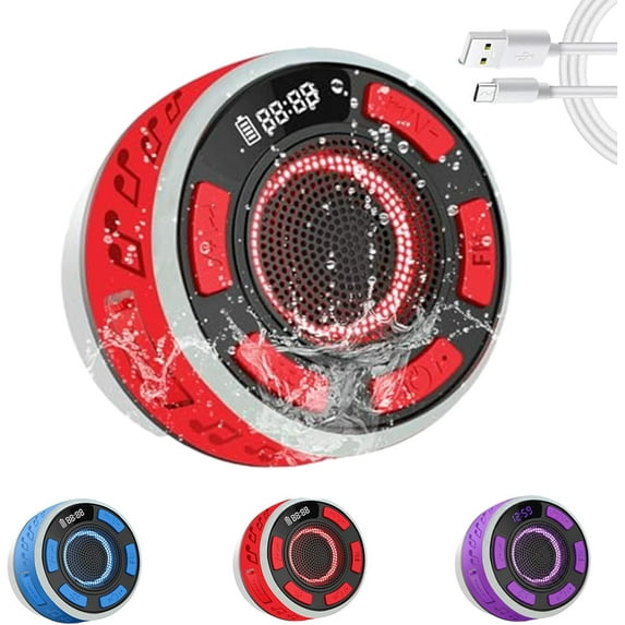 IPX6 Waterproof Shower Speaker with LED Clock Screen - Portable Bluetooth 5.3 Radio, RGB Lights, Suction Cup