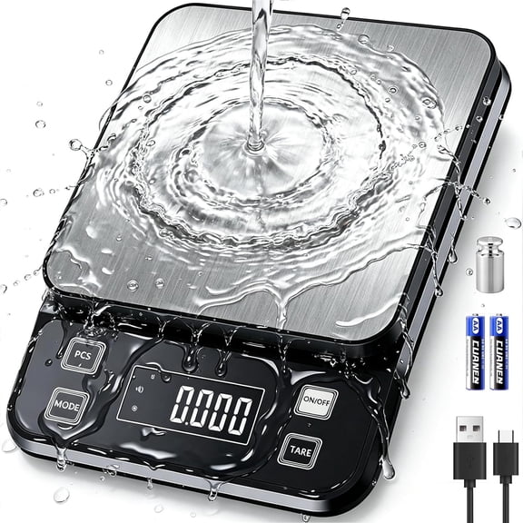 IPX7 Waterproof Food Scale 0.1g Precision Kitchen Scale, 10kg/22lb Digital Food Scale USB Rechargeable, Backlight Gram Scale Stainless Steel & Washable Digital Scale for Cooking, Baking,Weight Loss
