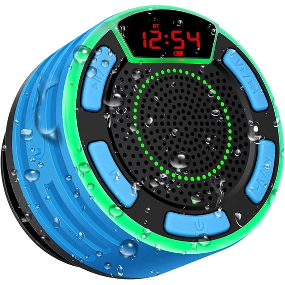 IPX7 Waterproof Speaker, Bluetooth Portable Wireless Shower Speakers with LED Display, FM Radio, Suction Cup, Light Show, TWS, Loud Stereo Sound for Pool Beach Home Party Travel Outdoors
