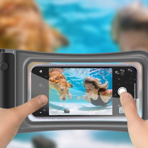 IPX8 Waterproof Cell Phone Bag 30M Dry Pouch Floating Touchscreen Compatible Hanging Cover for Swimming Hot Spring Diving Snorkeling - 7.5" Smartphone Case with Adjustable Lanyard Black TPU