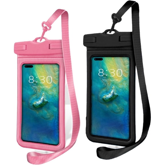 IPX8 Waterproof Phone Case (2-Pack) - Universal Waterproof Phone Pouch for iPhone, Samsung, Pixel up to 7” | Clear Touchscreen for Swimming, Snorkeling, Kayaking & Beach (Pop Pink and Shadow Black)