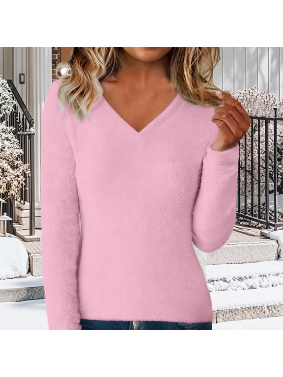 Cozy Sweaters for Women Long Sleeve V Neck Fleece Pullover Thermal Soft Cute Fuzzy Tunic Sweater Loose Sweater Warm Fluffy Knit Chunky Comfy Dressy Casual Blouse 2026 Fall Winter Clothes Pink