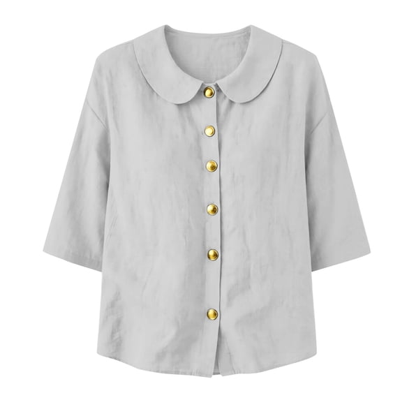 IPYUI Linen Button Down Shirt for Women Peter Pan Collar Gauzy Tops Lightweight Tops V Neck Tops Pullover Basic Tees Elbow Sleeve Three Quarter Sleeve Tops 3/4 Length Sleeve Tops Womens Tshirts