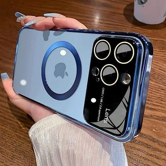 For IPhone 12 Pro Max Case ,Window Glass Lens Camera Protector, Logo View Compatible with Magsafe ,Magnetic Hard Transparent Phone Cases for IPhone 12 Pro Max 6.7 inch Slim Luxury Clear Cover (blue)
