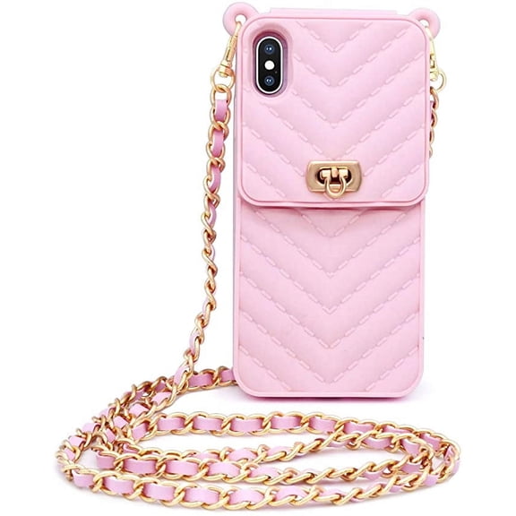 IPhone 12 Pro Max wallet case with neck and messenger chain credit card slot girl women's Silicone shockproof casePink