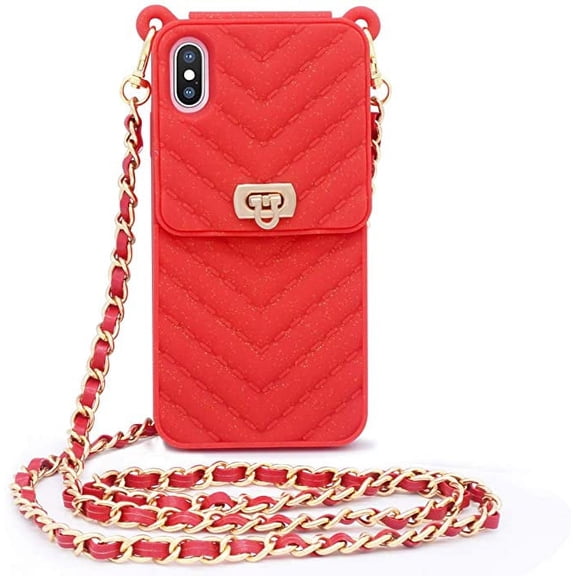 IPhone 12 Pro Max wallet case with neck and messenger chain credit card slot girl women's Silicone shockproof caseRed