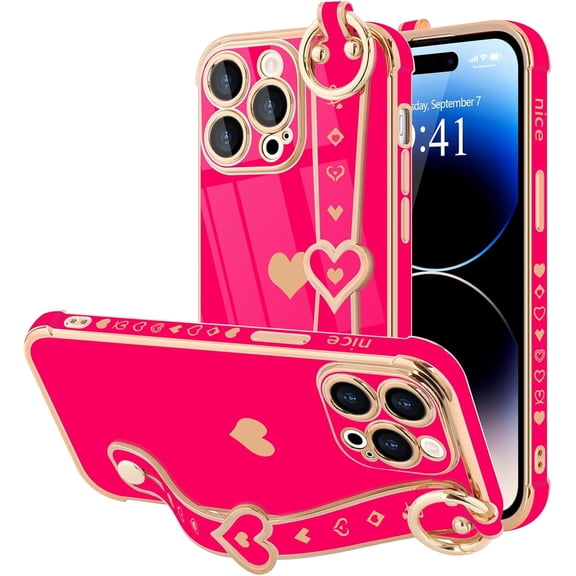 IPhone 14 Pro Case, Cute Love-Heart Plating, Bling Silicone, Camera Lens Protection, Shockproof Bumper for Women & Girls (6.1")