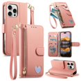 thumbnail image 1 of For IPhone 14 Pro Max Leather Phone Case Wallet Heart-shaped Zipper Pocket Pouch Folio Flip Cover Kickstand, Multi Anti-theft Multi-Card Holder Cash Slot, Double Magnetic Buckle, Wrist Lanyard,Pink, 1 of 8