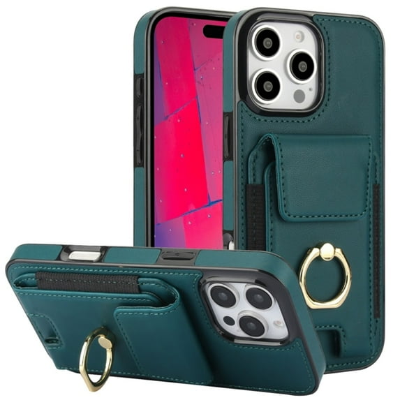 For IPhone 14 Pro Max Phone Case Wallet With Elastic Concealed Buckle Flip Card Holder,PU Leather Metal Ring Buckle Holder Kickstand Women Men Magnetic Cover,Green,For iPhone 14 Pro Max