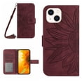 thumbnail image 1 of For IPhone 15 6.1" Sunflower  Embossed Strong Magnetic Attachment/Closure, Card Slots/Pocket, PU Leather Flip Wallet Case With Hanging Rope,Wine red,For iPhone 15, 1 of 8