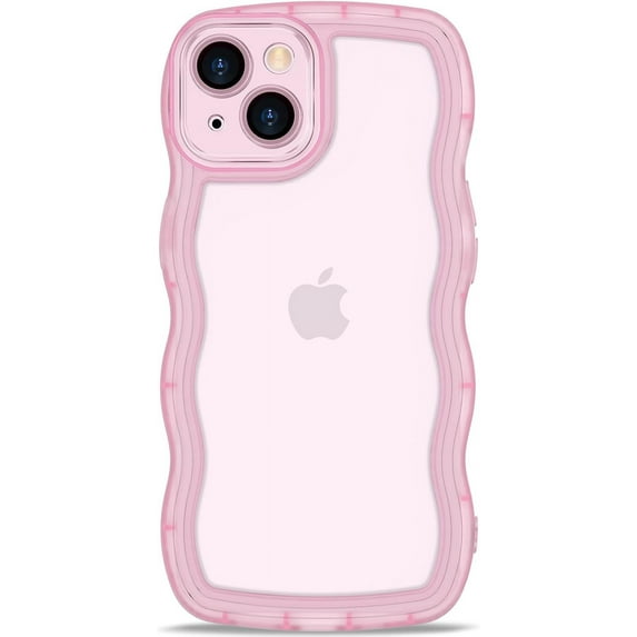 IPhone 15 Case Wavy Edge Clear Back Design, Anti-Slip Grip Cute Wave Curly Frame Shape Shockproof Soft TPU & Hard Bumper Protective Phone Case Cover for Women Girls, Pink