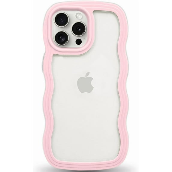 IPhone 15 Case Wavy Edge Clear Back Design, Anti-Slip Grip Cute Wave Curly Frame Shape Shockproof Soft TPU & Hard Bumper Protective Phone Case Cover for Women Girls, Pink