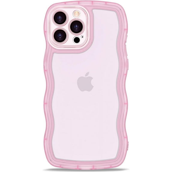 IPhone 15 Case Wavy Edge Clear Back Design, Anti-Slip Grip Cute Wave Curly Frame Shape Shockproof Soft TPU & Hard Bumper Protective Phone Case Cover for Women Girls, Pink