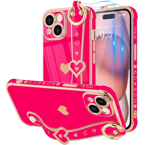 IUNJUA IPhone 15 Plus Rugged Love-Hearts Soft Shell Cell Phone Case for IPhone IPhone 15 Plus, Pink