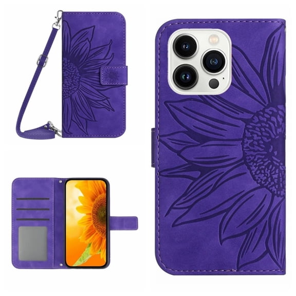 For IPhone 15 Pro 6.1" Sunflower  Embossed Strong Magnetic Attachment/Closure, Card Slots/Pocket, PU Leather Flip Wallet Case With Hanging Rope,Deep purple,For iPhone 15 Pro