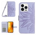 thumbnail image 1 of For IPhone 15 Pro Max 6.7" Sunflower  Embossed Strong Magnetic Attachment/Closure, Card Slots/Pocket, PU Leather Flip Wallet Case With Hanging Rope,Purple,For iPhone 15 Pro Max, 1 of 8