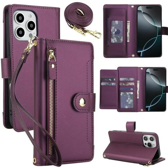 For IPhone 15 Pro Max 6.7-inch RFID Blocking Protective Purse Wallet Case For Women Men Multi-Card Slots Zipper Pocket Detachable Shoulder Strap And Wrist Strap,Shockproof Phone Case,Dark purple