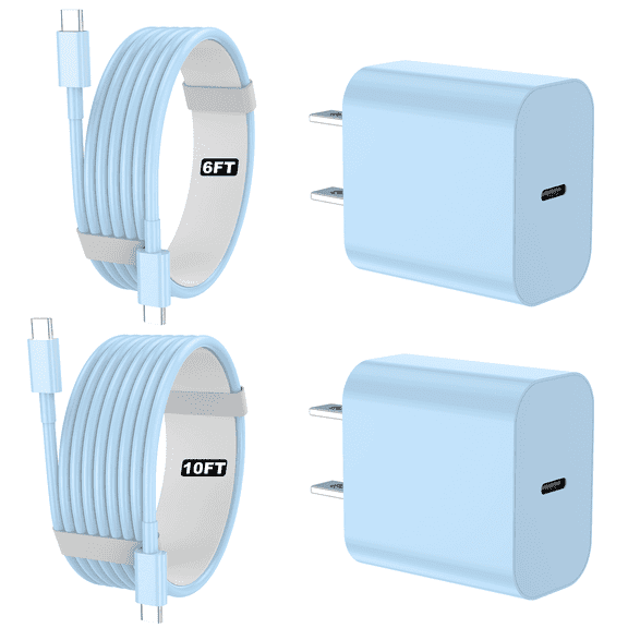 IPhone 17 16 15 Charger, 2 Pack PD 20W Adapter Wall Fast Charger with 6&10ft Blue USB C Cable Compatible with iPhone 17/16/15/iPad