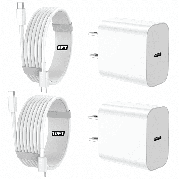 IPhone 17 16 15 Charger, 2 Pack PD 20W Adapter Wall Fast Charger with 6&10ft White USB C Cable Compatible with iPhone17 16/15/iPad