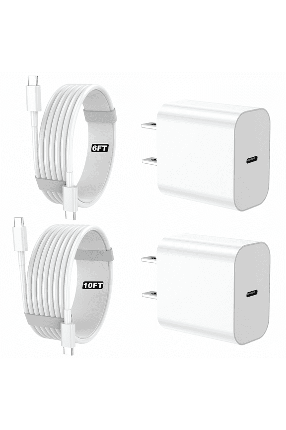 IPhone 17 16 15 Charger, 2 Pack PD 20W Adapter Wall Fast Charger with 6&10ft White USB C Cable Compatible with iPhon and moree17 16/15/ipad
