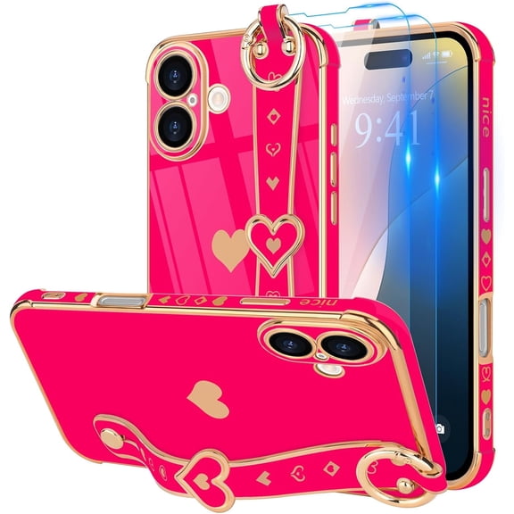 IPhone 16 Case with Strap, Cute Love-Hearts Design, Kickstand, Luxury Plating Edge Protective Case for Women & Girls (6.1")