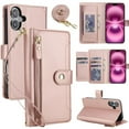 thumbnail image 1 of For IPhone 16 Plus 6.7-inch RFID Blocking Protective Purse Wallet Case For Women Men Multi-Card Slots Zipper Pocket Detachable Shoulder Strap And Wrist Strap,Shockproof Phone Case,Rose Gold, 1 of 8