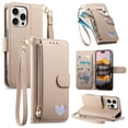 thumbnail image 1 of For IPhone 16 Pro Leather Phone Case Wallet Heart-shaped Zipper Pocket Pouch Folio Flip Cover Kickstand, Multi Anti-theft Multi-Card Holder Cash Slot, Double Magnetic Buckle, Wrist Lanyard,Beige, 1 of 8