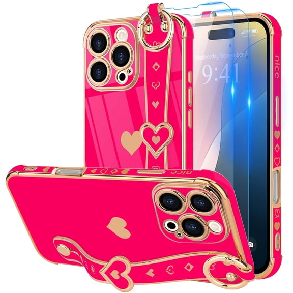 IPhone 16 Pro Max Case with Strap, Cute Love-Hearts, Kickstand, Luxury Plating Edge (6.9")
