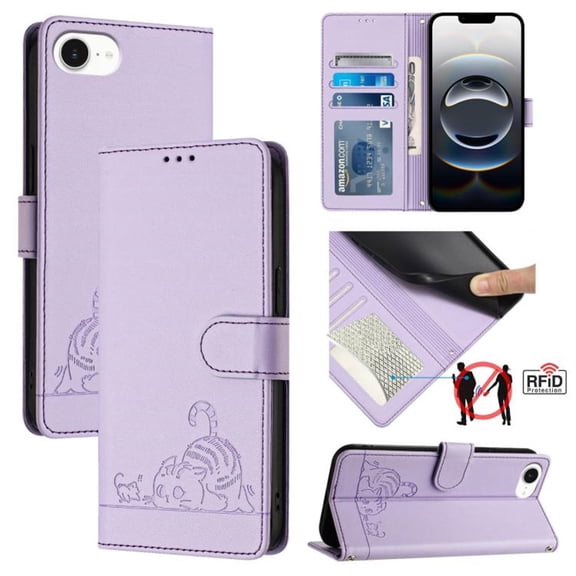 For IPhone 16e 6.1" RFID Blocking Protective Purse Case Cat Embossed Strong Magnetic Attachment/Closure, Card Slots/Pocket, PU Leather Flip Wallet Case With Hanging Rope,Purple,For iPhone 16e
