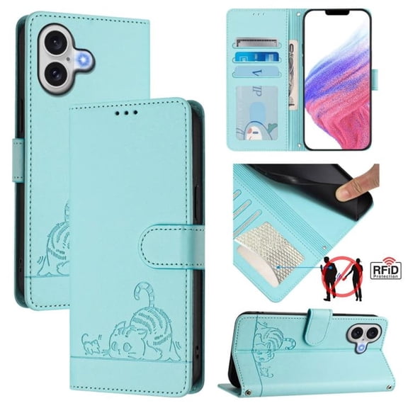 For IPhone 17 6.3" RFID Blocking Protective Purse Case Cat Embossed Strong Magnetic Attachment/Closure, Card Slots/Pocket, PU Leather Flip Wallet Case With Hanging Rope,Light green,For iPhone 17