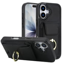 For IPhone 17 Phone Case Wallet With Elastic Concealed Buckle Flip Card Holder,PU Leather Metal Ring Buckle Holder Kickstand  Women Men Magnetic Cover,Black,For iPhone 17