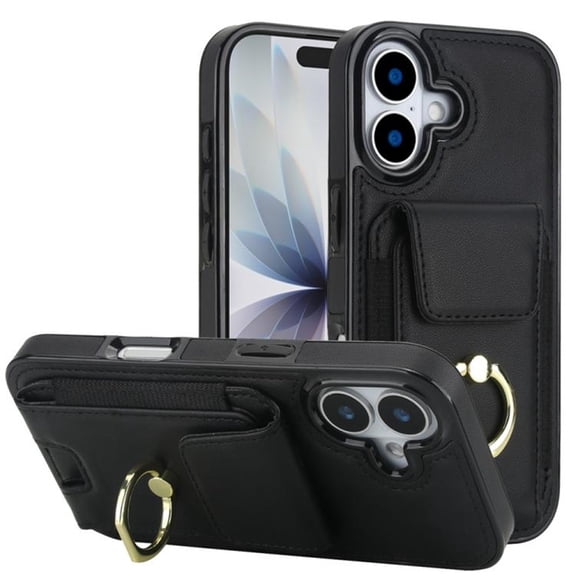 For IPhone 17 Phone Case Wallet With Elastic Concealed Buckle Flip Card Holder,PU Leather Metal Ring Buckle Holder Kickstand Women Men Magnetic Cover,Black,For iPhone 17