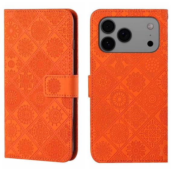 For IPhone 17 Pro 6.3" Ethnic Wind Embossed Strong Magnetic Attachment/Closure, Card Slots/Pocket, PU Leather Flip Wallet Case ,Orange,For iPhone 17 Pro