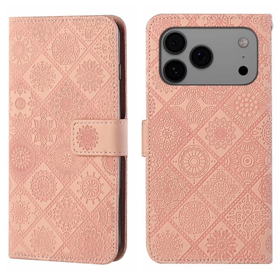 For IPhone 17 Pro 6.3" Ethnic Wind Embossed Strong Magnetic Attachment/Closure, Card Slots/Pocket, PU Leather Flip Wallet Case ,Pink,For iPhone 17 Pro