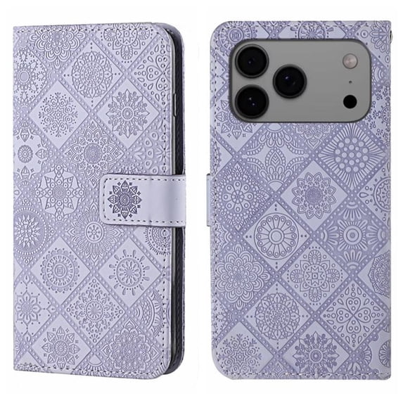 For IPhone 17 Pro 6.3" Ethnic Wind Embossed Strong Magnetic Attachment/Closure, Card Slots/Pocket, PU Leather Flip Wallet Case ,Purple,For iPhone 17 Pro