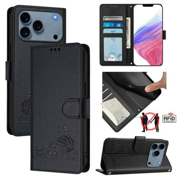 For IPhone 17 Pro 6.3" RFID Blocking Protective Purse Case Cat Embossed Strong Magnetic Attachment/Closure, Card Slots/Pocket, PU Leather Flip Wallet Case With Hanging Rope,Black,For iPhone 17 Pro