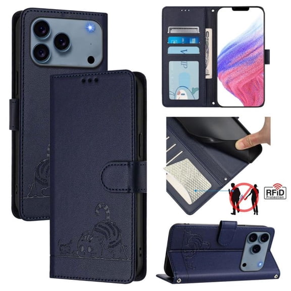 For IPhone 17 Pro 6.3" RFID Blocking Protective Purse Case Cat Embossed Strong Magnetic Attachment/Closure, Card Slots/Pocket, PU Leather Flip Wallet Case With Hanging Rope,Blue,For iPhone 17 Pro