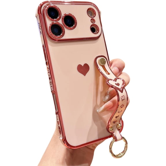 IPhone 17 Pro Case with Strap for Women & Girls, Cute Love-Hearts Design, Wristband Kickstand, Plating Edge Protective Case (6.3")