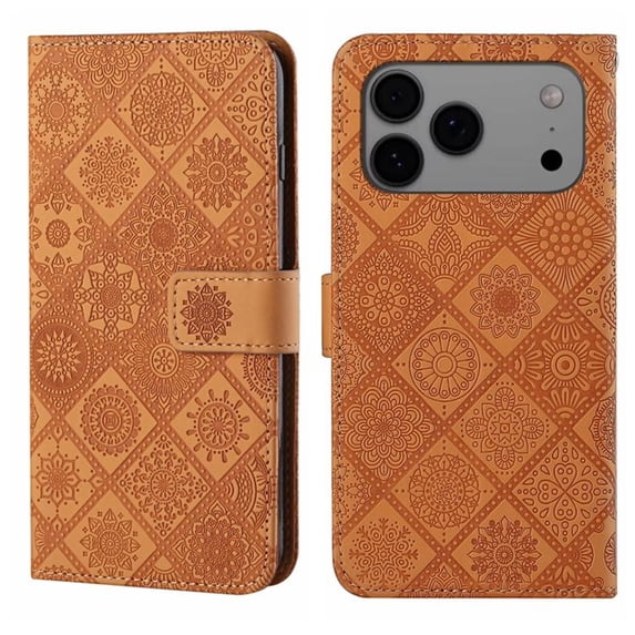 For IPhone 17 Pro Max 6.9" Ethnic Wind Embossed Strong Magnetic Attachment/Closure, Card Slots/Pocket, PU Leather Flip Wallet Case ,Brown,For iPhone 17 Pro Max